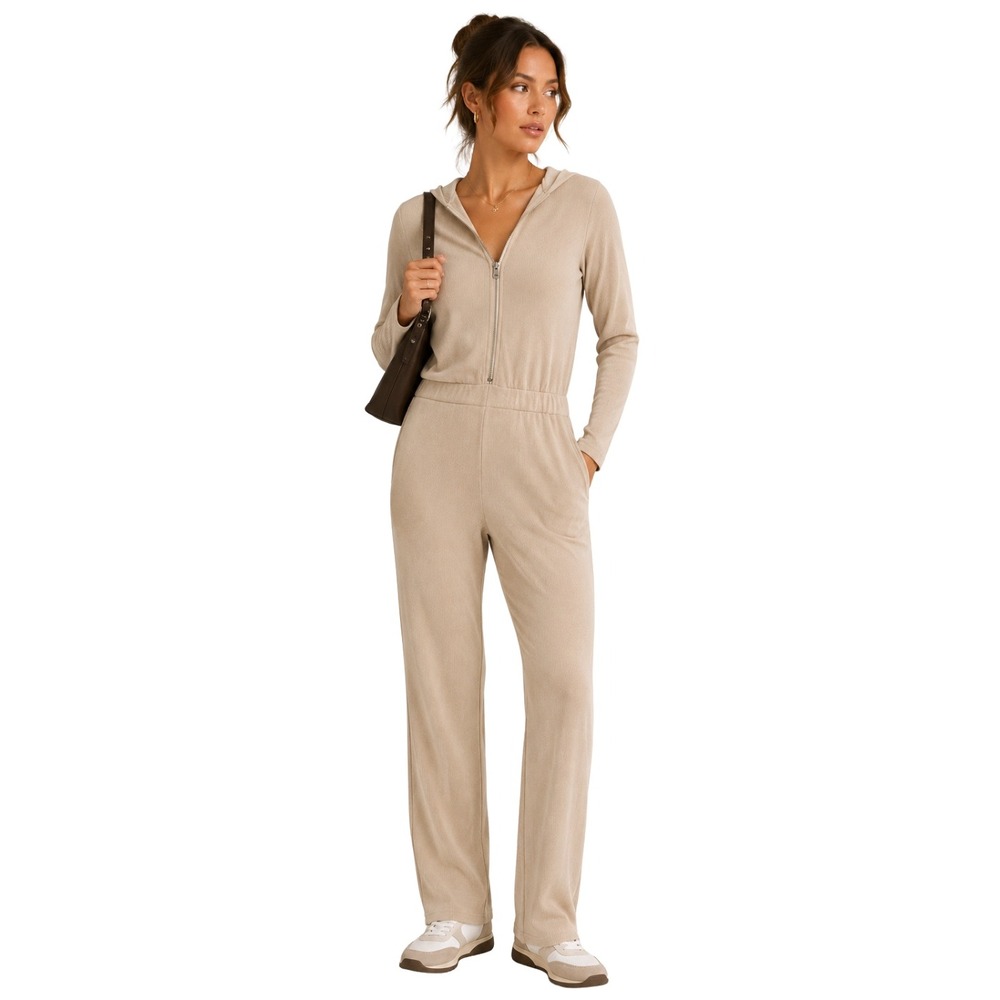 Maniere De Voir Jumpsuit Womens XS Beige Ribbed Zip Front Hooded Mesh Stripe NEW